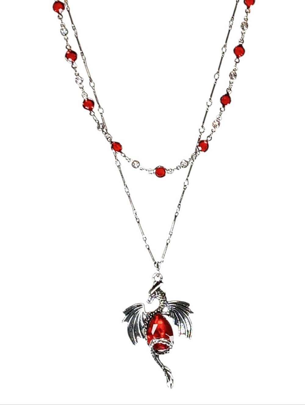 Silver Enchanted Choker Necklace Red Black Dragon New Age Grunge 90s Dragoncore